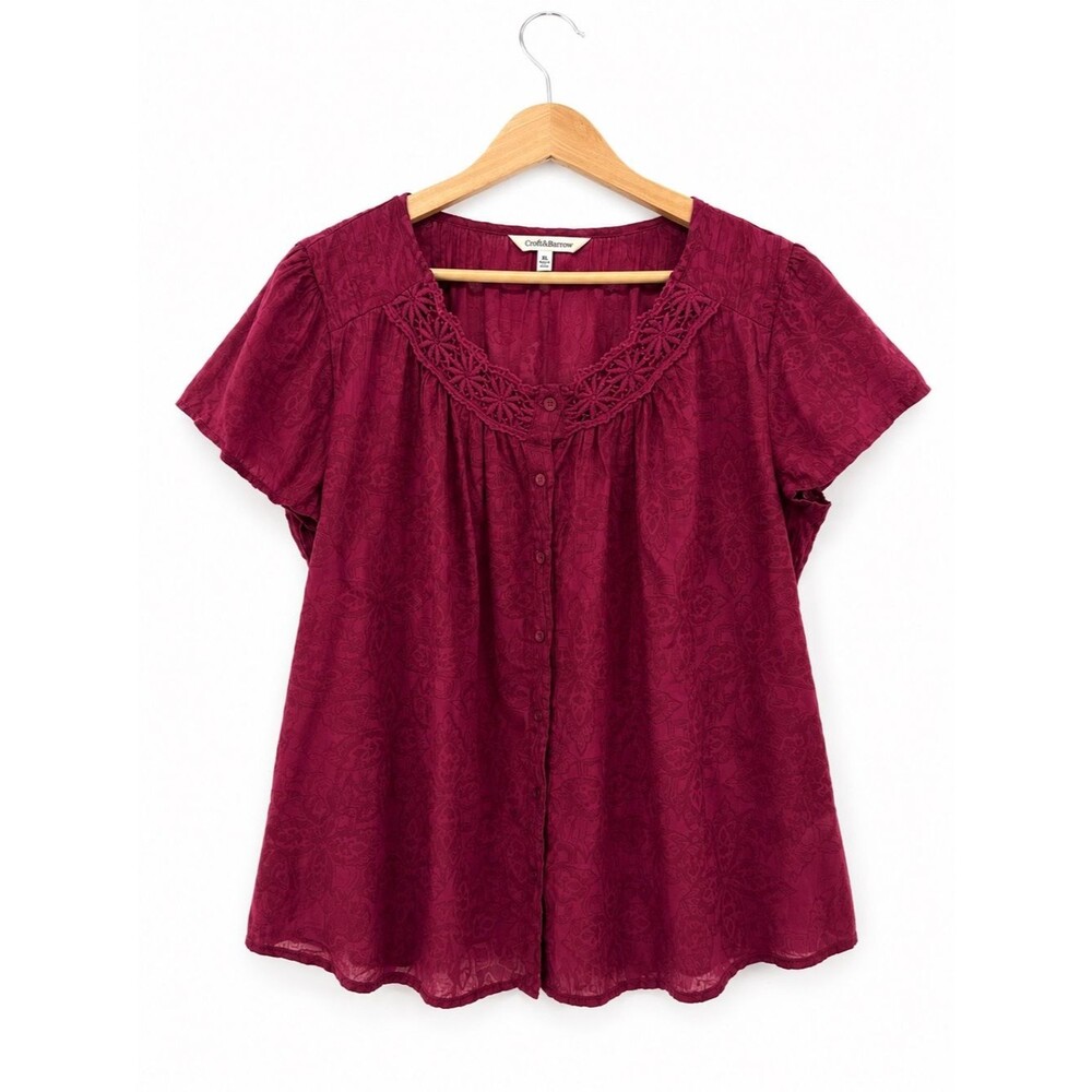 Croft & Barrow Burgundy Floral Print Crochet Trim Button Front Blouse Size XL